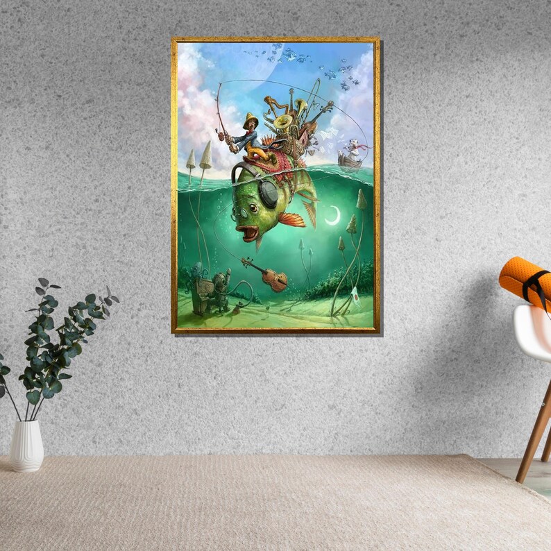 May include: A whimsical illustration of a green fish with a large ear, a musical instrument, and a person riding on top. The fish is surrounded by water and bubbles, and there are mushrooms and other plants in the background.