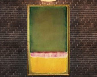 May include: Abstract painting with a green, pink, and yellow color scheme. The painting is framed in gold and is hanging on a brick wall.
