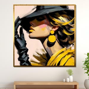 Lienzo de mujer de moda, arte de pared elegante para dama, impresión de pintura glamorosa moderna, mujer elegante con sombrero, lienzo listo para colgar