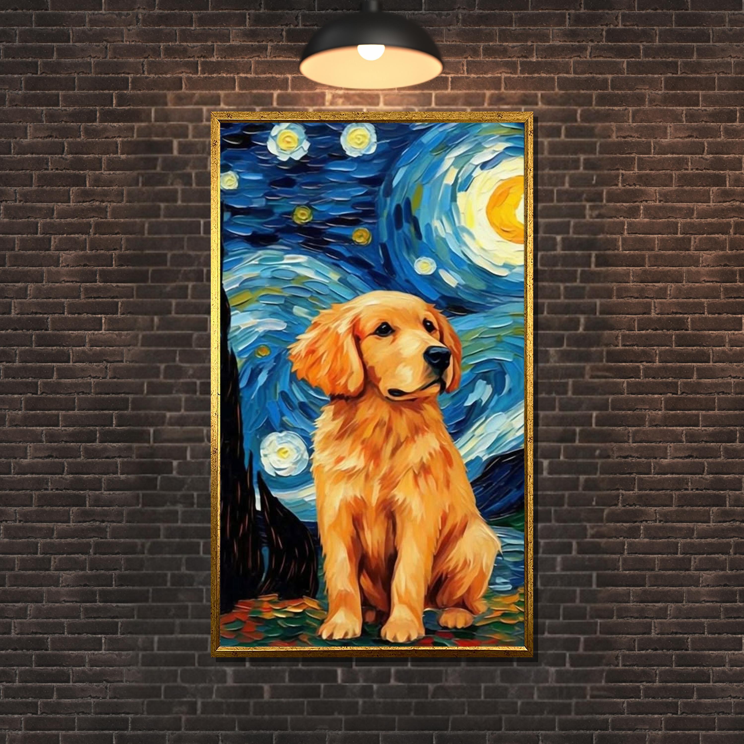 星空の夜のゴールデンレトリバーキャンバス、ゴッホ風の犬のアート