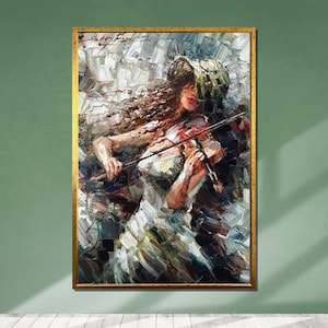 Violin Girl Canvas Wall Art, Abstract Musician Painting, Romantic Violinist Art Print, Oil Style Music Canvas, Ready To Hang Home Decor