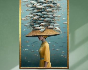 Surreal Woman with Fish Hat Canvas: Dreamlike Underwater Art Print