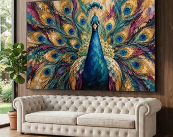 Majestic Peacock Display Canvas, Vibrant Feather Wall Art, Colorful Bird Decor, Elegant Nature Canvas, Home Accent Decoration