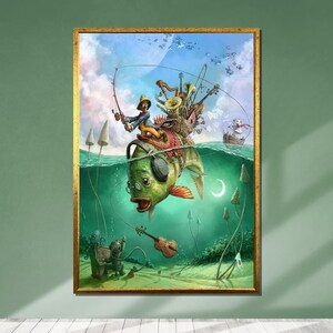 May include: A whimsical illustration of a green fish with a pair of headphones, being caught by a man on a boat made of musical instruments. The scene is set underwater with bubbles and plants.