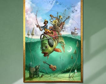 Whimsical Fish Ride, Surreal Ocean Fantasy Art, Underwater Adventure, Ready to Hang Wall Art