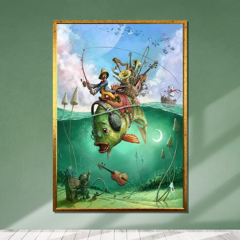 May include: A whimsical illustration of a green fish with a pair of headphones, being caught by a man on a boat made of musical instruments. The scene is set underwater with bubbles and plants.