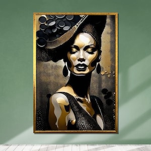 Arte en lienzo de una glamurosa mujer dorada: retrato de una diva de la moda, listo para colgar