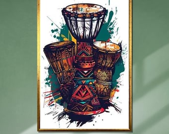 African Drums Art, Colorful Tribal Djembe Canvas, Music-Inspired Wall Decor, Ready to Hang Art