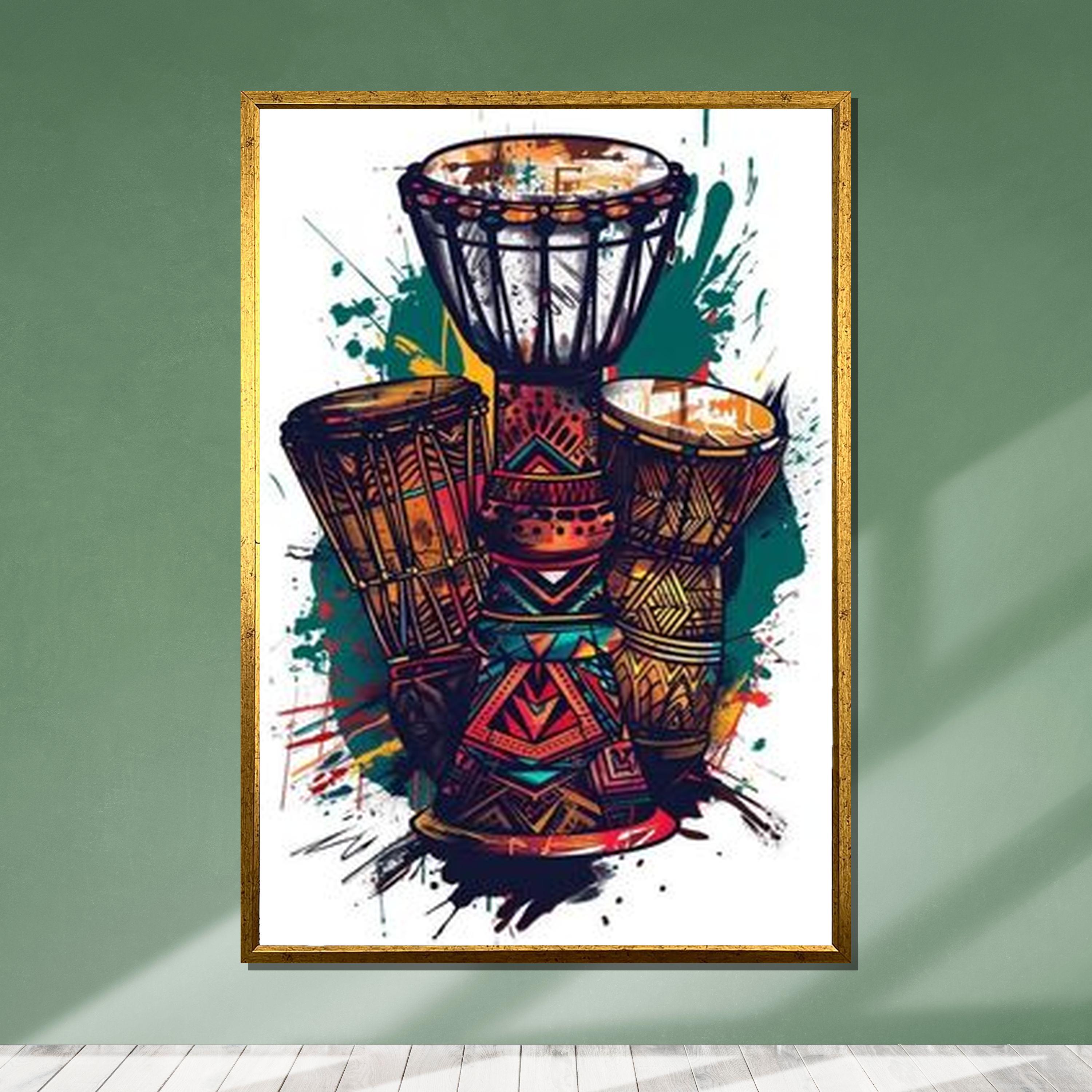 African Drums Art, Colorful Tribal Djembe Canvas, Music-inspired