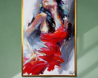Passionate Woman in Red Dress, Abstract Canvas Art, Modern Dance Painting, Ready to Hang