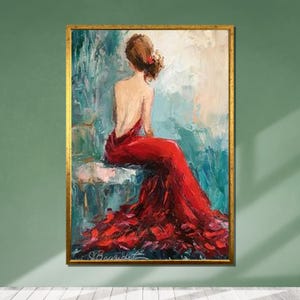 Woman in Red Dress Canvas: Impressionist Romantic Wall Art
