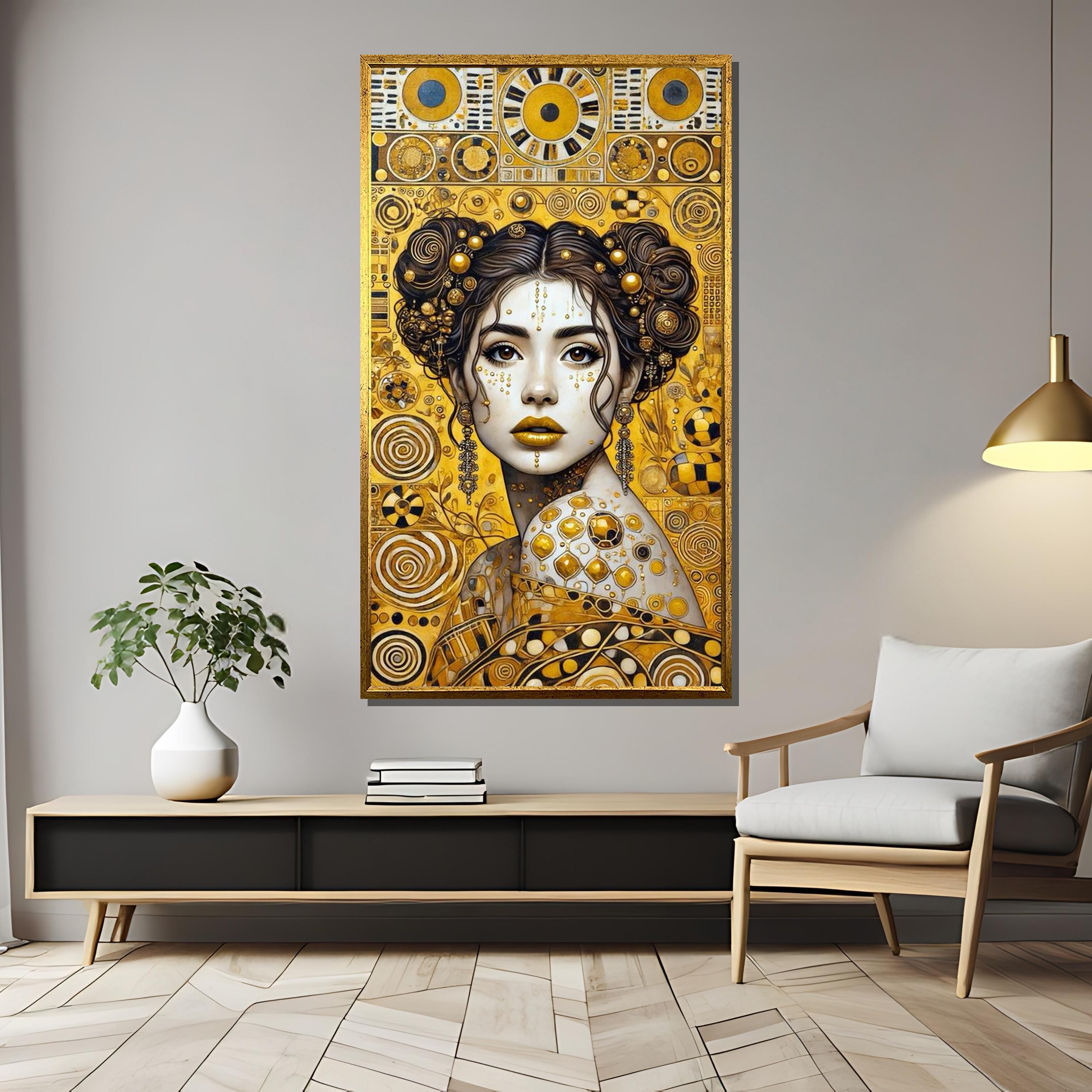 クリムト風の黄金の肖像画、アールヌーボー様式の女性キャンバス、装飾