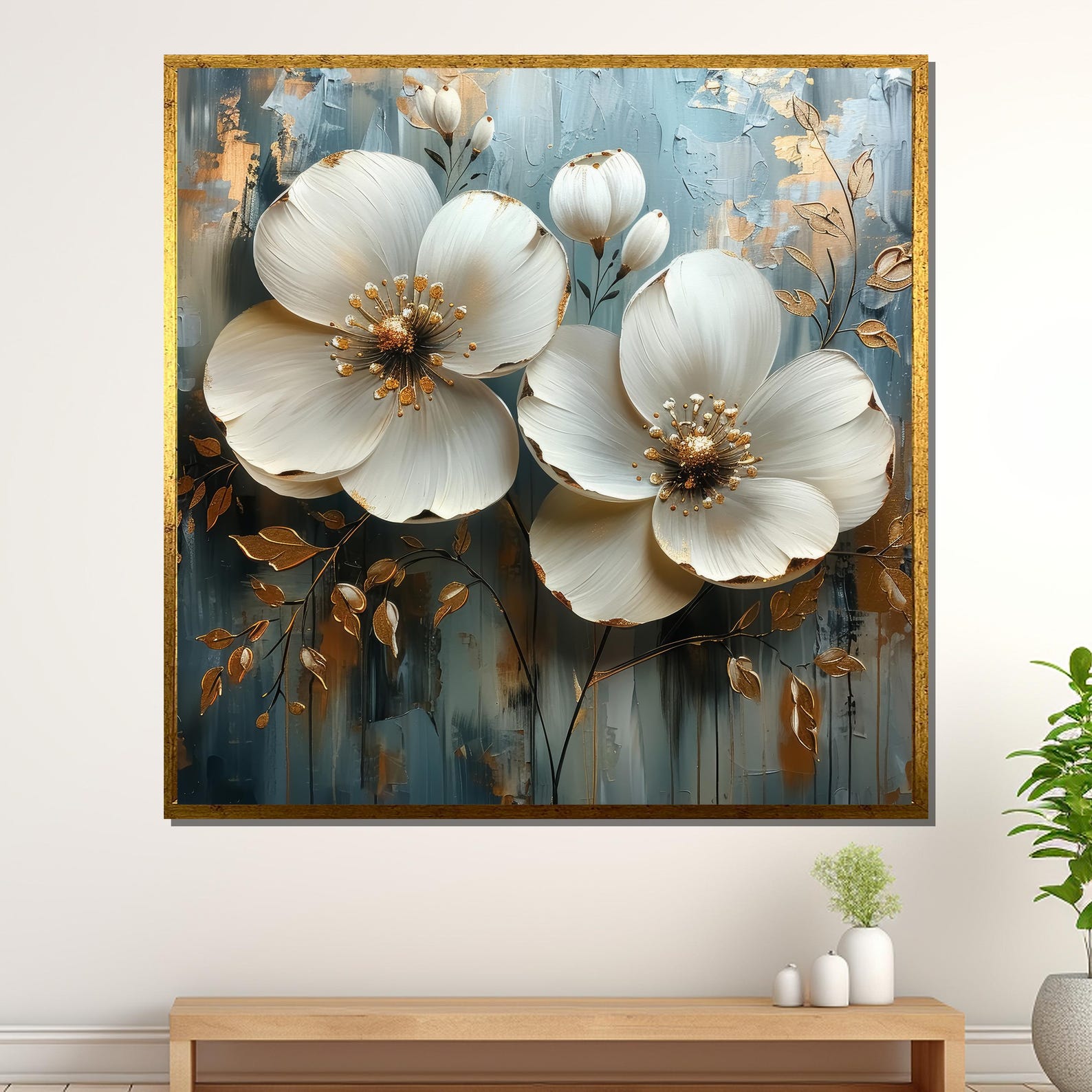 Golden Floral 3D Canvas Art: Elegant White Flower Textured Painting - Etsy