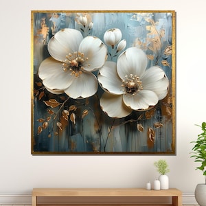Golden Floral 3D Canvas Art, Elegant White Flower Painting, Textured Wall Decor, Ready to Hang Decor