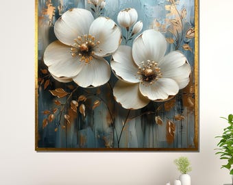 Golden Floral 3D Canvas Art: Elegant White Flower Textured Painting