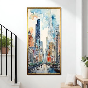 Urban Skyline Watercolor Painting, Cityscape Art Print, Modern Wall Decor, Ready to Hang City Art