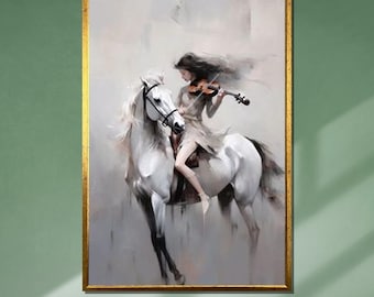 Violinist on White Horse Canvas: Surreal Musician Wall Art