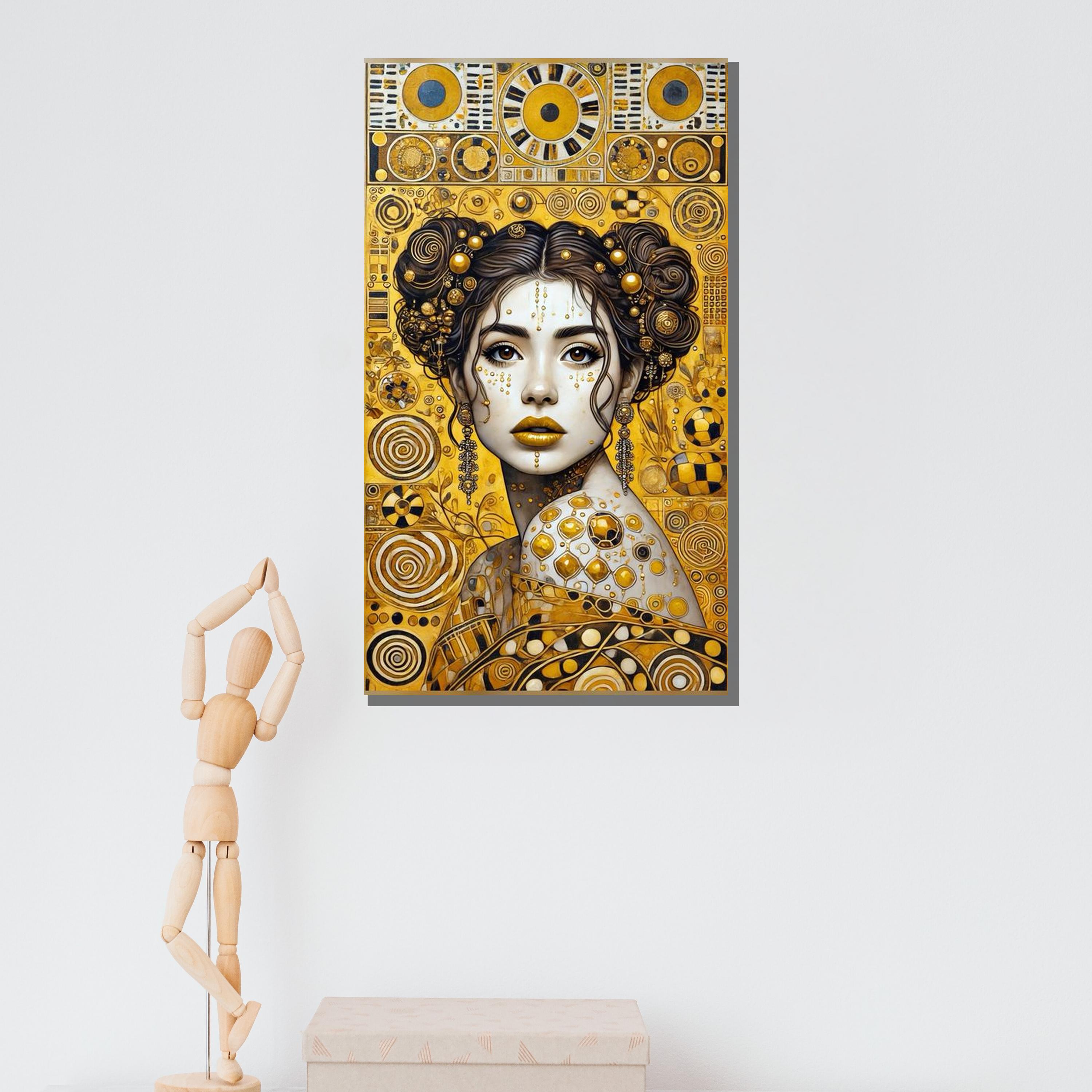 印象派風 女性肖像画 金色フレーム クリムト風の黄金の肖像画、アールヌーボー様式の女性キャンバス、装飾
