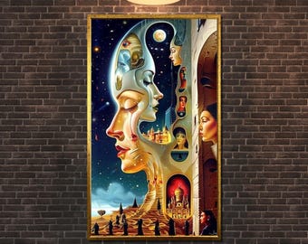 Surreal Dreamscape Canvas, Multidimensional Faces Wall Art, Cosmic Fantasy Art, Ready to Hang Decor