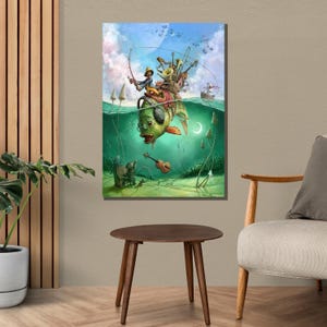 May include: A whimsical illustration of a green fish with a musical instrument on its back, being fished by a person with a fishing rod. The fish is surrounded by water and underwater plants. The scene is set in a fantasy world with a blue sky and clouds.