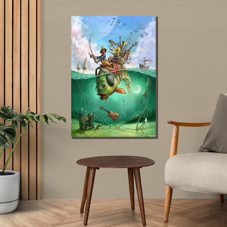 May include: A whimsical illustration of a green fish with a musical instrument on its back, being fished by a person with a fishing rod. The fish is surrounded by water and underwater plants. The scene is set in a fantasy world with a blue sky and clouds.