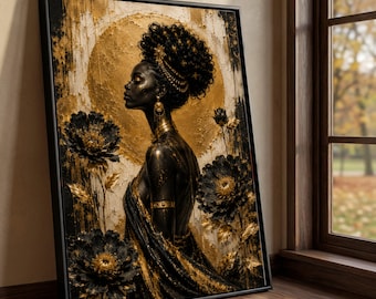 African Queen Canvas Art, Black Gold Floral Portrait, Luxury Regal Woman Decor