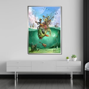 May include: A whimsical illustration of a green fish with musical instruments and a person fishing from its back. The fish is surrounded by water and bubbles, with mushrooms and other plants in the background.