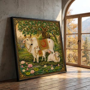 May include: A framed wall art print depicting three white cows adorned with gold jewelry and ornate red and gold blankets standing near a tree and a pond with pink lotus flowers. A peacock is perched on a tree branch in this detailed illustration.