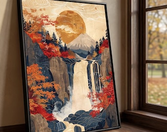 Hokusai Mt Fuji Canvas Art, Japanese Waterfall Landscape