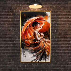 Elegant Woman with Orange Umbrella Canvas, Vibrant Lady in Rain Painting, Modern Art Wall Decor, Ready to Hang