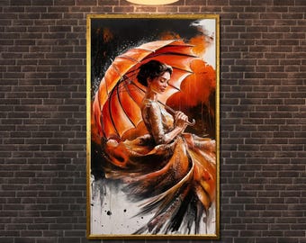 Orange Umbrella Woman Canvas: Elegant Rain Painting, Modern Wall Art
