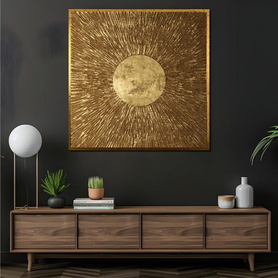 Golden Sunburst Canvas Wall Art: Metallic Textured Statement Piece