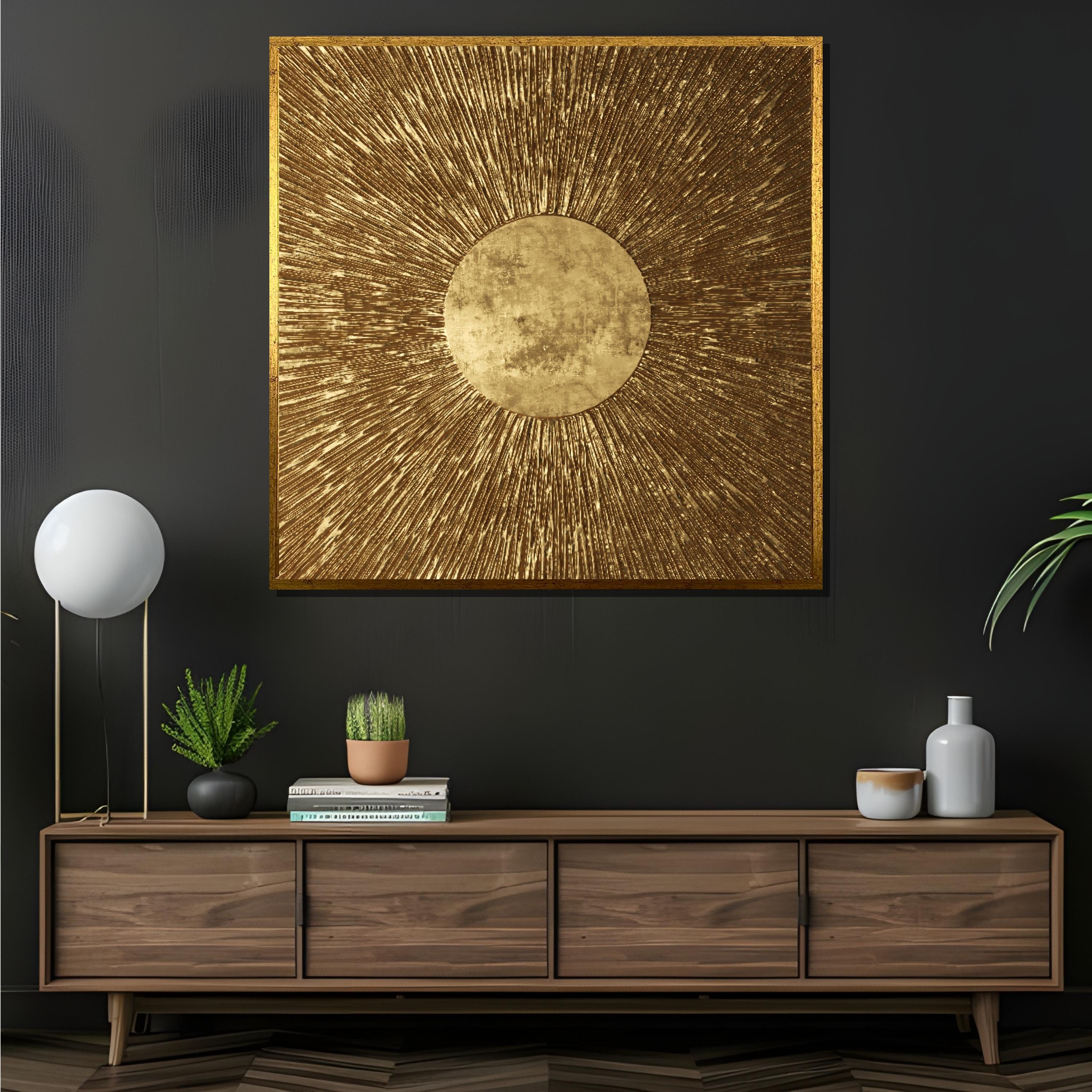 Golden Sunburst Canvas Wall Art: Metallic Textured Statement Piece