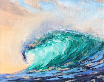 Sunset Emerald Wave, 8x8" oil painting by Daina Deblette