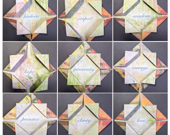 Returning to the Sun, An Altered Petal Fold Triangle Artist Book with Relief Print Colored Images and Affirmations