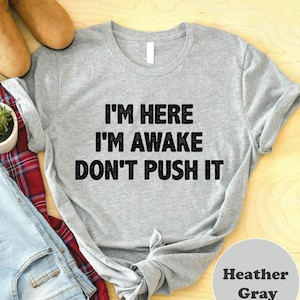 I&#39;m Here I&#39;m Awake Don&#39;t Push It Shirt, Funny Gamer Shirts With Sayings, Funny Gifts For Them, Funny Teen Quotes T-Shirt, Funny Meme Sweater