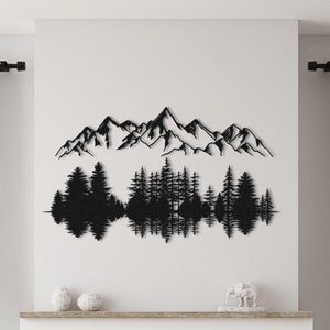 Decorazione da parete in metallo con silhouette di foresta di montagna, decorazione per camino, decorazione da parete con lago e foresta, decorazione da esterno, regalo per la casa, decorazione da parete con paesaggio.