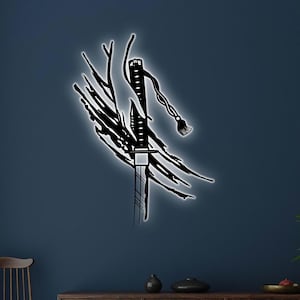 Samurai Sword LED Metal Wall Art: Japanese Decor, Teen Room Light