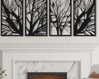 May include: A set of four black metal wall art pieces featuring a silhouette of tree branches. The art is displayed above a white fireplace with a marble surround and a brick hearth. The fireplace is lit and there is a white armchair and ottoman in front of it.