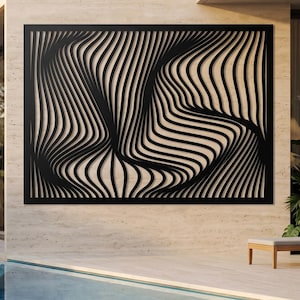 May include: A large rectangular black metal wall art piece featuring a series of vertical, undulating, and curved lines that create a three-dimensional wave effect. The artwork is mounted on a light-coloured stone wall above a swimming pool.