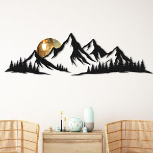Decorazione murale in metallo con montagna e sole, decorazioni di montagna e foresta, decorazioni da parete di montagna, decorazioni per ufficio, decorazioni in plexiglas, insegne in plexiglas, sole nascente