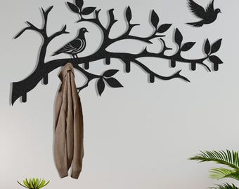 Metal Bird Tree Branch Hanger: Decorative Wall Hooks