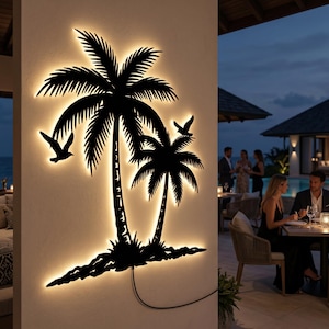 Palme Metall-LED-Wanddekor: Tropisches Wohndekor, beleuchtetes Außenschild, Strandhauskunst