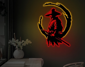 Samurai Warrior Metal Led Painting, Japanese Themed Wall Decor, Torii Door Art, Last Samurai, Japan Culture, LED, Teen Room Light Decoration