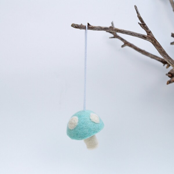 Pastel Blue Easter Ornament, ONE Wool Felt Mushroom Decoration Woodland needle Waldorf Toadstool Baby Easter Home Decor boy decorating