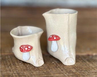 Artisan Ceramic Cream & Sugar Tea Set | Handmade Toadstool Pottery Creamer | Mushroom Jug Bowl | Cottagecore Kitchen Decor White Floursack