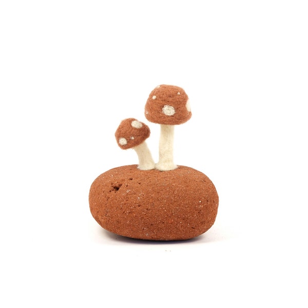 Brown Toadstool and Red Terracotta Sea Brick Art Sculpture, Needle Felted Wool and real sea brick, Whimsical Woodland Scene Christmas Gift