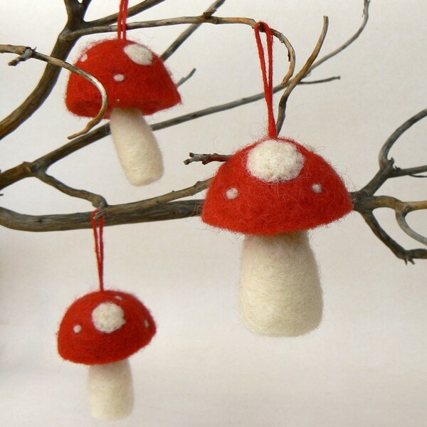 3 Hanging Toadstool Decorations - 3 Needle Felted Wool Mushrooms - Waldorf Inspired.