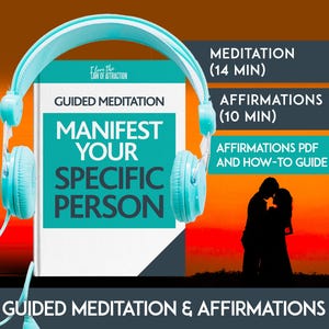 Op de afbeelding: Een turquoise boek met de titel "Manifest Your Specific Person" en de woorden "Guided Meditation" en "I Love the Law of Attraction" op de omslag. Het boek is gedeeltelijk bedekt door een turquoise koptelefoon. De achtergrond is een zonsondergang met een silhouet van een koppel dat elkaar omhelst.