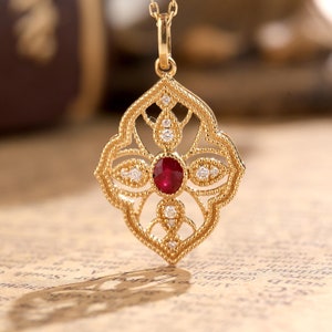 18K Solid Gold Ruby Diamond Pendant, Natural Ruby  Diamond, July Birthstone, Gold Vintage Pendant, Birthday Gift, Gift For her